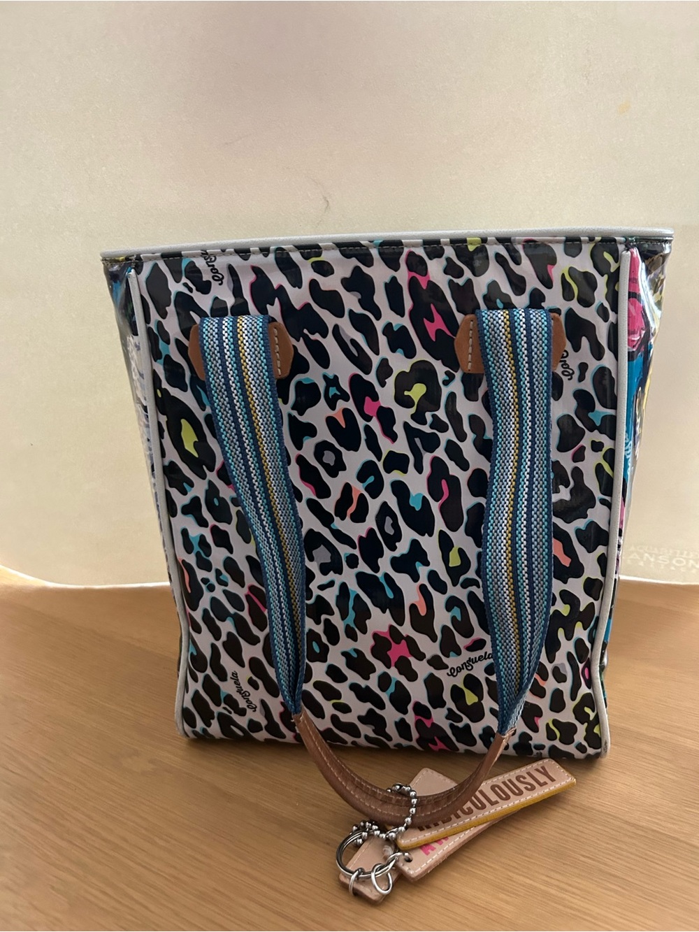 CONSUELA Colorful Leopard Print Tote Bag with Blue Stripe Handles
